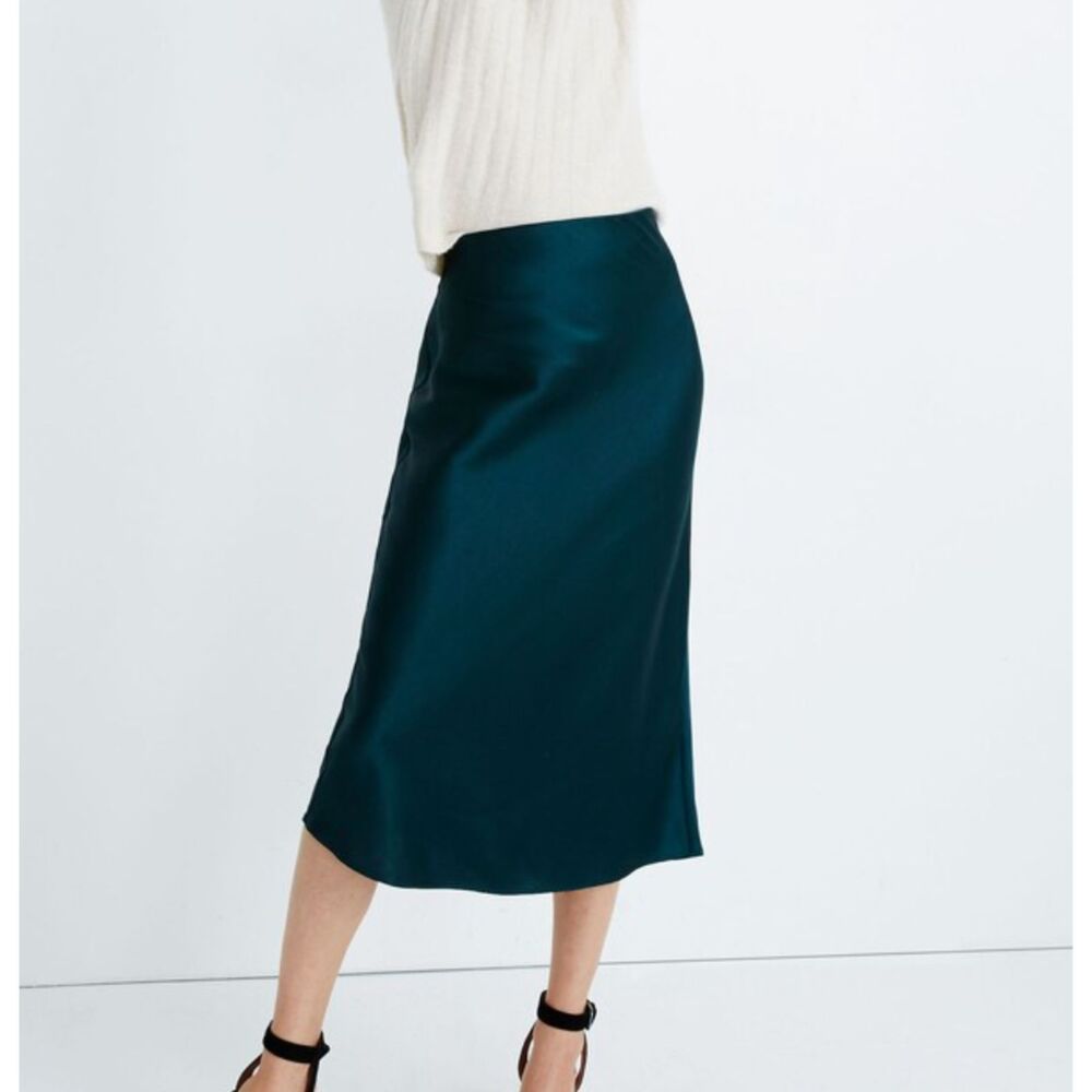 MADEWELL Satin Midi Slip‎ Skirt Smoky Spruce 00
